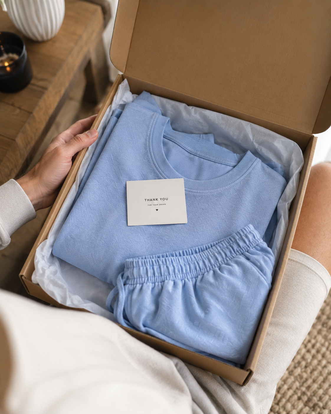 Conjunto azul empaquetado en caja kraft listo para envío.
