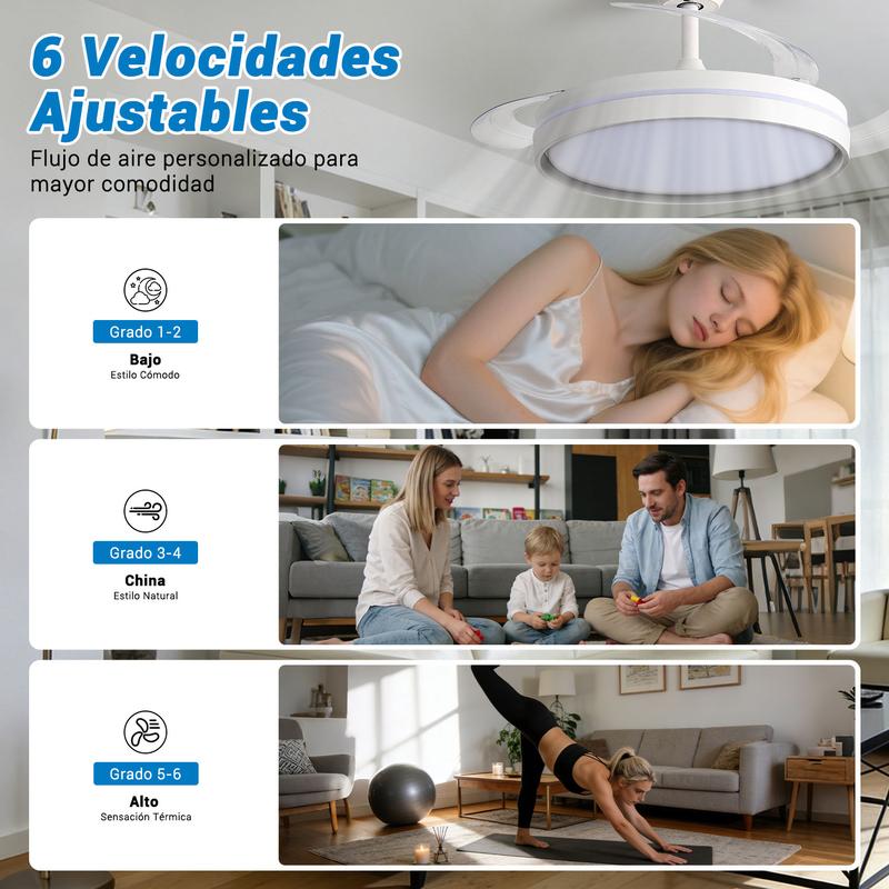 Seis velocidades ajustables del ventilador de techo para dormir, estar en el salón o refrescarse