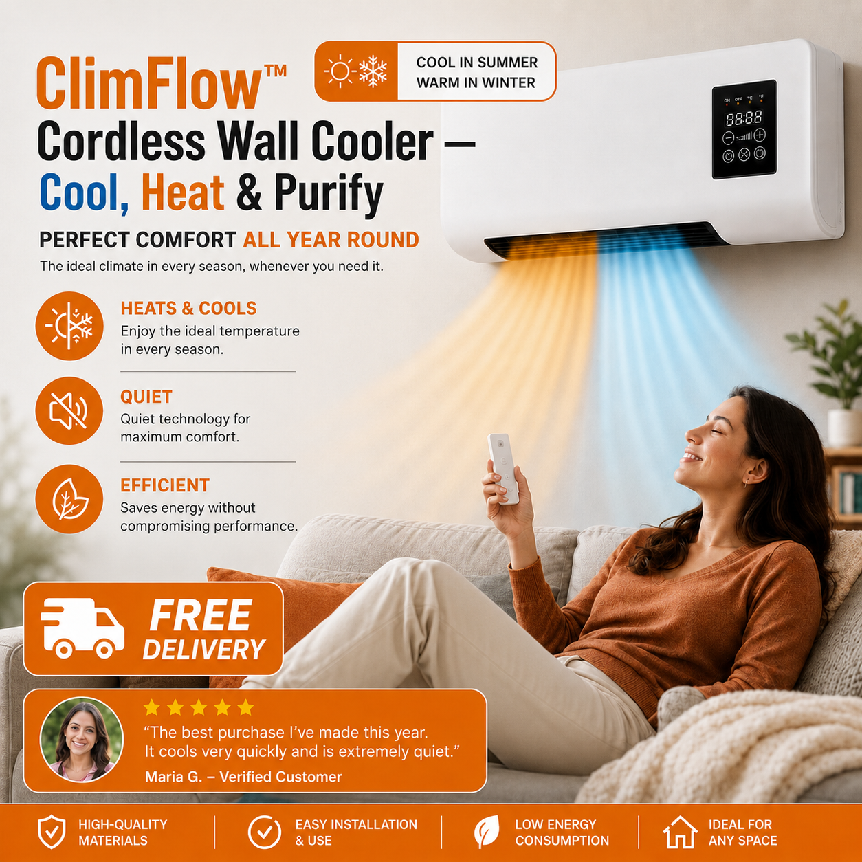 ClimFlow™ Cordless Wall Cooler — Cool, Heat & Purify