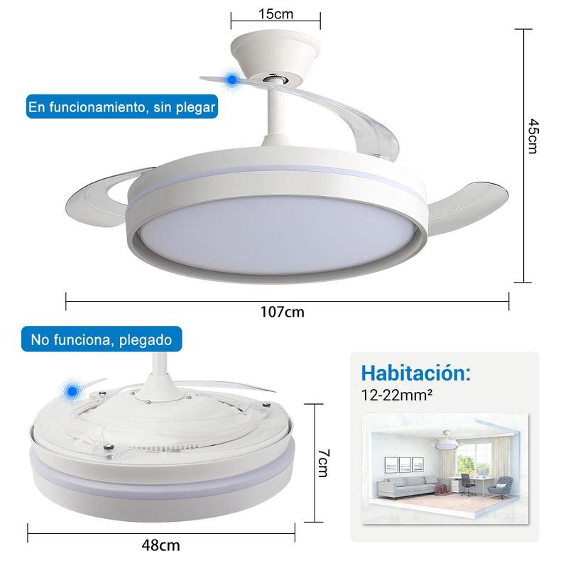 Ventilador de Techo con Luz LED y Aspas Plegables - Silencioso y Multifunción