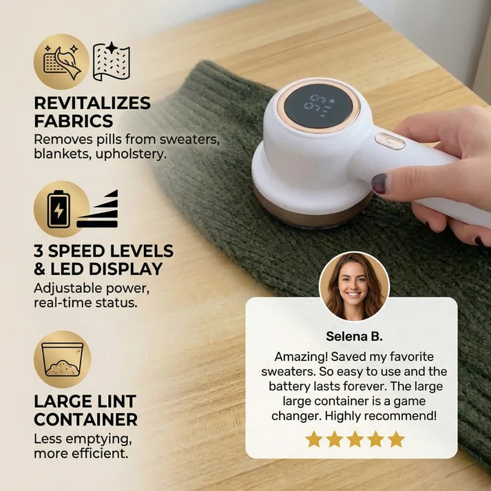 Electric Lint Remover with LED Display – Rechargeable Fabric Shaver with 3 Speed Levels & Large Lint Container