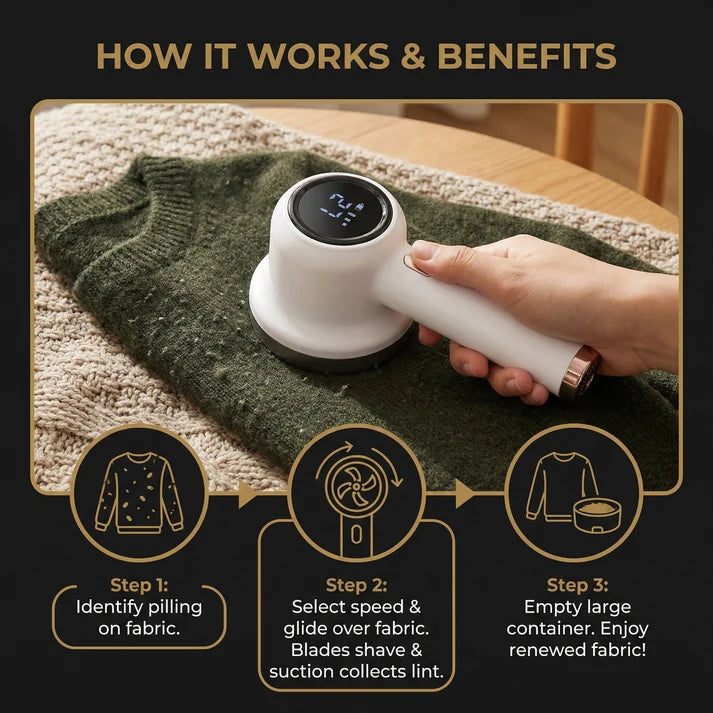 Electric Lint Remover with LED Display – Rechargeable Fabric Shaver with 3 Speed Levels & Large Lint Container