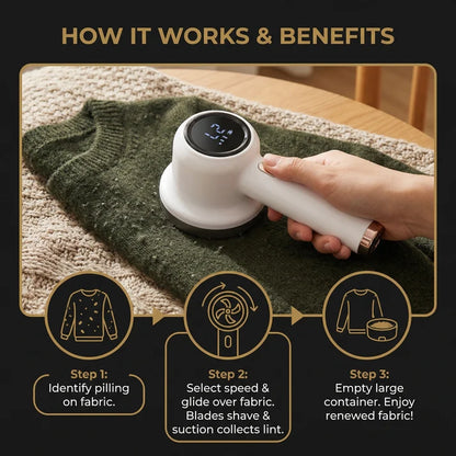 Electric Lint Remover with LED Display – Rechargeable Fabric Shaver with 3 Speed Levels & Large Lint Container
